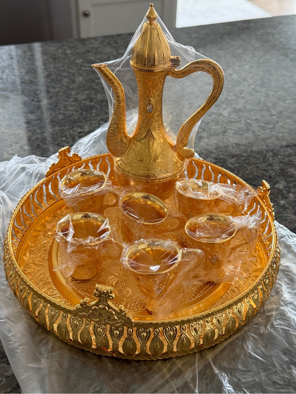 Gold Ornate Tea Set with Tray - Elegant Home Dining Accent